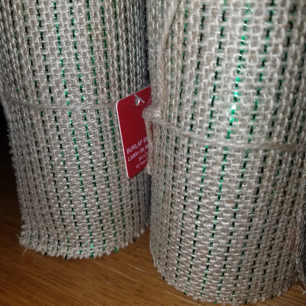 Burlap Ribbon Set of 2 Rolls Tan with Green New